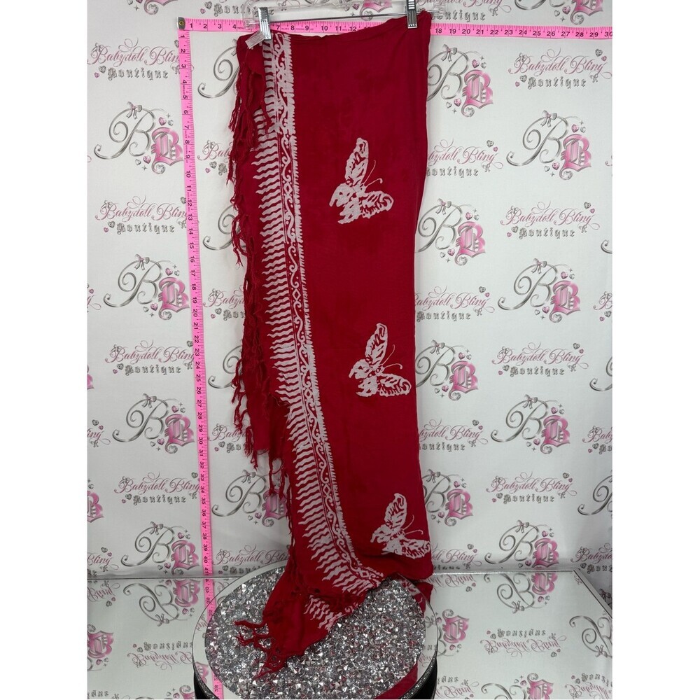 Wayan natural wear wrap scarf tie dye Butterfly Print Fringe Scarf in Deep Red